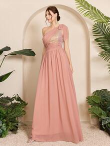 Tie Shoulder Ruffled Sequin Decor Wrap Chiffon Elegant Evening Dress - Coral Pink - View 3