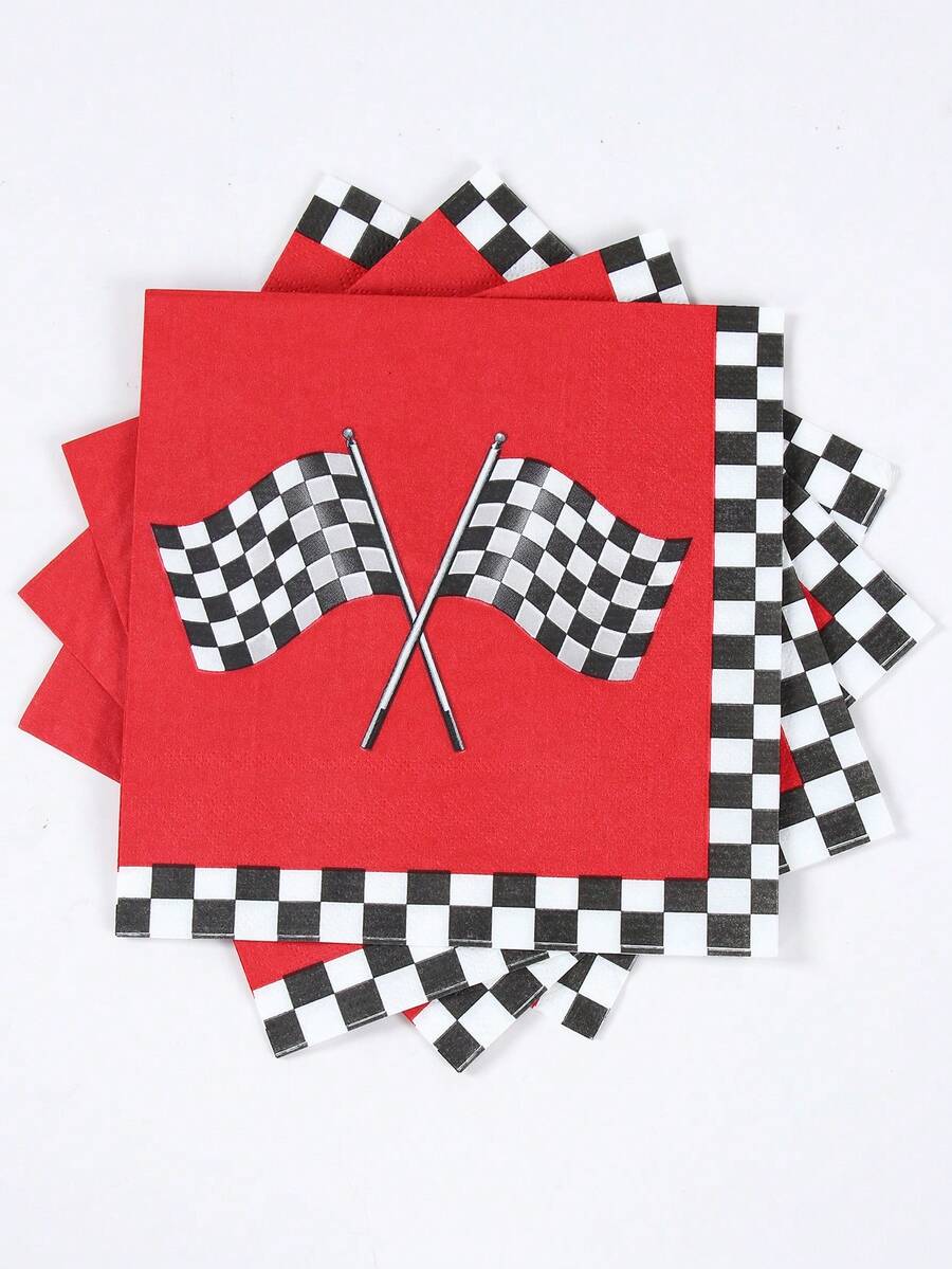 16pcs Black & White Checkered Racing Flag Pattern Disposable Paper Napkins, Suitable For Racing Themed Birthday Party, Baby Shower, Racing Sports Event Decorations, Racing Themed Birthday Gifts And Party Supplies - Black and White Checkered Racing Car - View 1