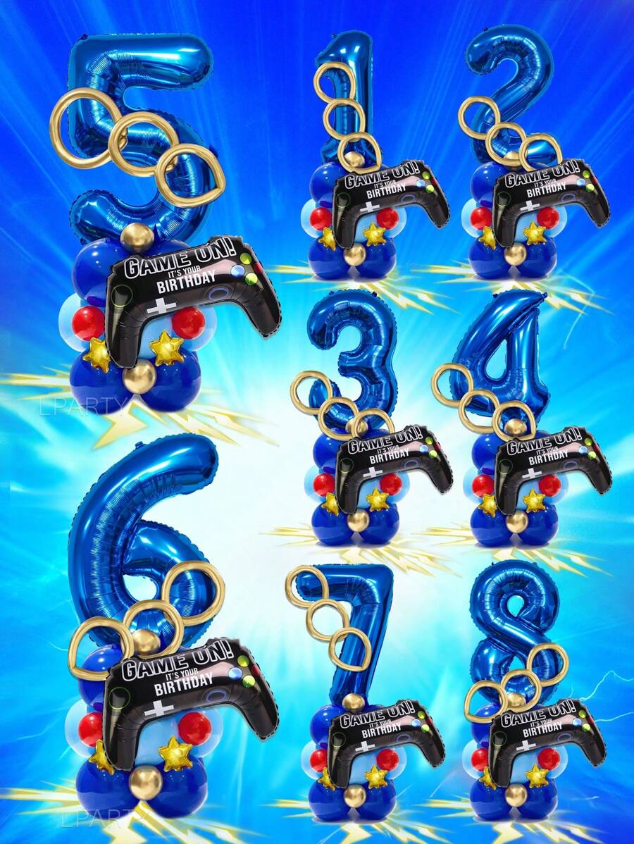23-teiliges blaues & goldenes Ballon-Set für Gamer-Geburtstag - 32 Zoll blaue Nummer-Luftballons 0-9, Spielkontroller Folien-Luftballons, metallisch goldene lange Luftballons, 5 Zoll goldene Stern-Luftballons, 10 Zoll dunkel- und hellblaue Latex-Luftballons - perfekt für Gaming-Party Dekoration, Videospiel-Themen Geburtstag Dekor, Arcade-inspirierter Hintergrund, Geschwindigkeit & Action Party-Stil