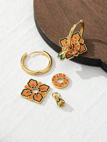 1 Cặp hợp kim đồng mạ vàng và men Macaron Series Dual-Wear Clover, Pentacle, Bông tai hình tròn tráng men thả cho phụ nữ, Thời trang đa năng, Bông tai vòng tự làm, Quà tặng Ngày của Mẹ - Hoa sen cam - Xem 4