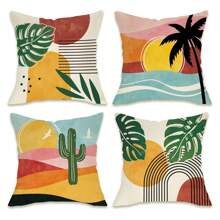 4 pièces Taie d'oreiller de décoration abstraite bohème Fakhrodom Sunset, taie d'oreiller de plante tropicale géométrique bohème pour balcon et terrasse, décoration moderne esthétique de plante de canapé Pas d'oreiller inclus