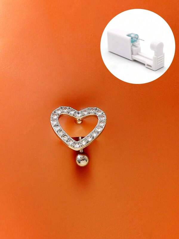 1 Pc Disposable Ear Piercing Gun With Stainless Steel Ear Studs, Homemade Piercing Kit, Sexy Zirconia Crystal Heart Navel Piercing Jewelry, Suitable For Women Travel And Daily Wear