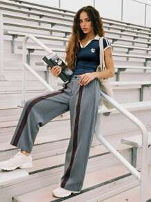 Women's Fashion Casual, Elegant Design Line Splice Straight Leg Suit Pants