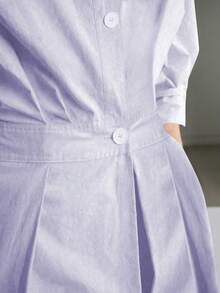 新款春夏V领收腰纽扣装饰连衣裙，通勤款 - 淡紫色 - 查看 4