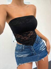 Lace Patchwork Asymmetric Hem Sexy Sleeveless Strapless Crop Top - Black - View 5