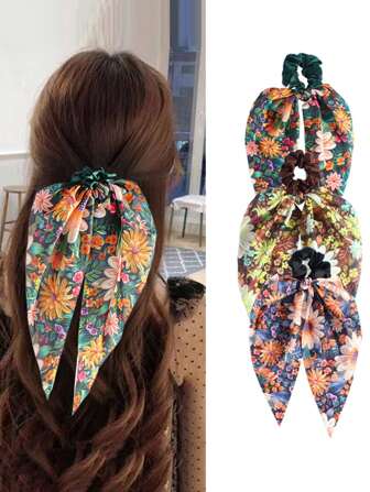 Satijnen retro-stijl bedrukt lint, haarelastiekjes, hoofdaccessoire, veelzijdige paardenstaart met stoffen cirkelaccessoire voor dames, haarelastiekjes, haarelastiekjes
