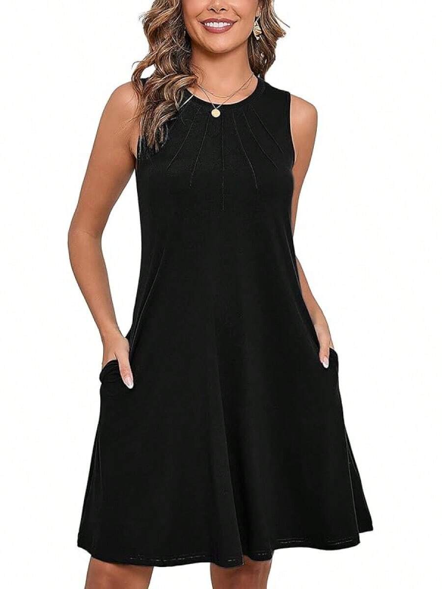 Women's Summer Sleeveless Crew Neck Midi Dresses Casual Loose Fitted Sundress With Pockets - A01-黑色 - 查看 1