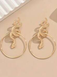 1 Pair Vintage Geometric Big Round Hoop & Snake Pendant Earrings, Exaggerated Minimalist Style