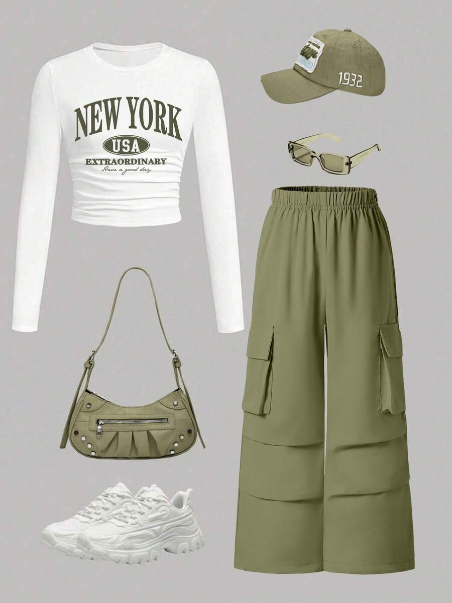 Tween Girls' Letter Print Long Sleeve T-Shirt And Cargo Pants Set - White - View 1