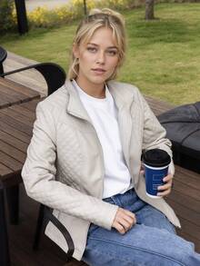 Veste de moto multifonctionnelle à la mode en cuir PU pour femmes Risissida - idéale pour le streetwear automne/hiver - Beige - Voir 2