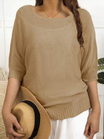 Top oversize casual e ampio con scollo a barca, a maniche corte semi-trasparente, di colore unito, adatto per primavera/estate e vacanze per le donne