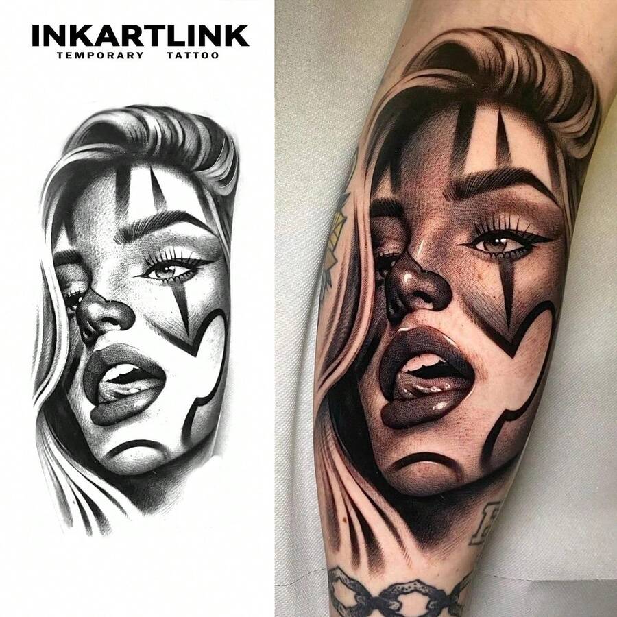 INKARTLINK 非永久紋身貼，神話小丑面具女性紋身貼，臨時個性化紋身貼，逼真半永久紋身貼，防水防汗夏季手臂紋身貼，持久1-2週，小眾植物紋身貼，萬聖節裝扮