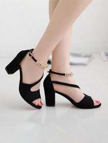 Sandalias de mujer de tacón cuadrado con punta abierta, negras, versión coreana, con botones y tiras, tacón medio para moda casual - Negro - Ver 4