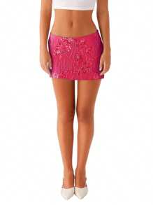 Women Sequin Short Skirt Beaded Flower Low Rise Mini Bodycon Skirt  Summer Streetwear
