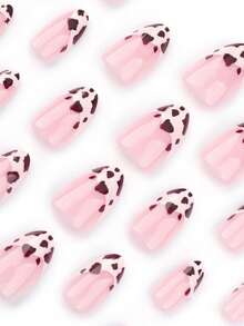 24Pcs Short Almond Shaped Wear Press-On Nails, Minimalist French Cow Print Nail Art Set Including 1Pc Gel Nail Polish And 1Pc Nail File, Suitable For Women Daily Wear Nail Supplies Nails
