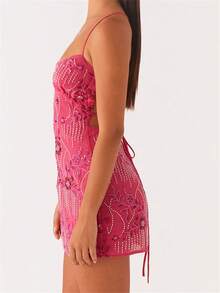 Women Mini Dress Sequins Flower Embroidery Sleeveless Cami Dress Summer Cross Backless Spaghetti Strap Dress - 玫紅色 - 查看 3