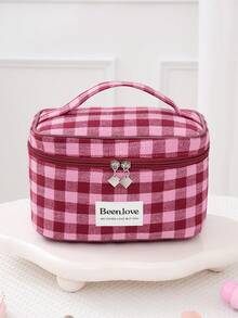 1 pieza/Set Bolsa de cosméticos a cuadros retro Y2K, bolsa de maquillaje a cuadros rosa y blanca linda para damas, bolsa de cosméticos con cremallera de gran capacidad, bolsa de viaje a cuadros casual para almacenamiento, bolsa de cosméticos esencial para viajes y vacaciones, puede almacenar toallas sanitarias y tampones, adecuada para el nuevo período escolar, primavera/verano, aniversario, vacaciones, uso diario, festivales, un regalo ideal para mujeres, también una excelente opción de regalo de Navidad - Rosa Fucsia - Ver 9