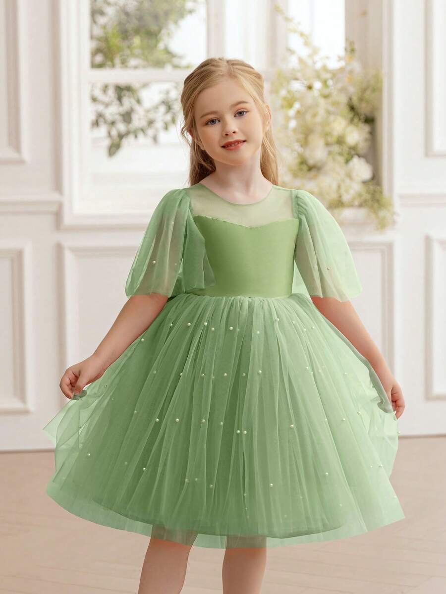 小女孩珍珠装饰网眼袖蝴蝶结派对礼服，优雅公主风格，适合女孩、生日礼物、派对、表演、花童礼服、婚礼、节日庆典 - 薄荷綠 - 查看 1