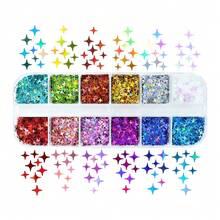6 cajas de 12 rejillas de purpurina holográfica con forma de mariposa y corazón para uñas, decoraciones con lentejuelas, letras láser brillantes, copos de estrella de cuatro puntas, rodajas de lentejuelas mixtas, suministros para uñas DIY y accesorios. - Multicolor - Ver 7