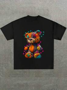 Dise?o de un oso de peluche en un estilo colorido y distorsionado,Camiseta casual de cuello redondo y manga corta con estampado,adecuada para uso diario en primavera y verano,unisex - Negro - Ver 1