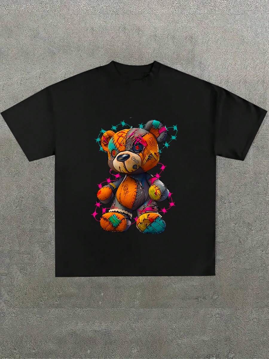 Dise?o de un oso de peluche en un estilo colorido y distorsionado,Camiseta casual de cuello redondo y manga corta con estampado,adecuada para uso diario en primavera y verano,unisex - Negro - Ver 1