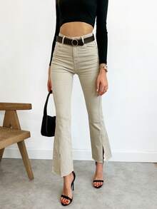 女士顏色布褲bootcut褲 女式牛仔褲 女式bootcut 褲子 時尚純色口袋扣拉鍊 - 米色 - 查看 4