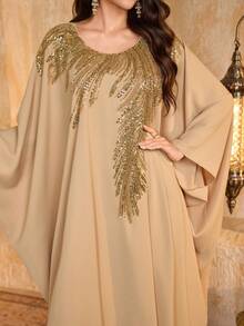 SUPGIR 女士 V 领手工亮钻飘逸袖修身褶饰雪纺晚礼服 - 香檳色 - 查看 5