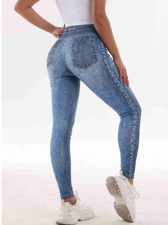 Leggings con efecto de mezclilla de cintura alta, pantalones ajustados y elásticos de uso casual, cómodos para primavera, verano, otoño y vacaciones