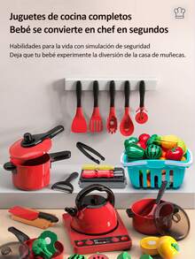 71 Piezas Juguetes De Cocina Portátil Para Niños Utensilios Cocina Comida Color Rojo, Cocina De Juguete Fantastic Toys Rojo Con Luz Sonido y Horno, Bbq Hamburguesas Sartenes Utensilios Comida De Juguete - Rojo - Ver 4