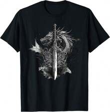 Camiseta de Estilo Tatuaje de Rosas con Espada de Dragón, Estilo Medieval de Fantasía Oscura - Negro - Ver 1