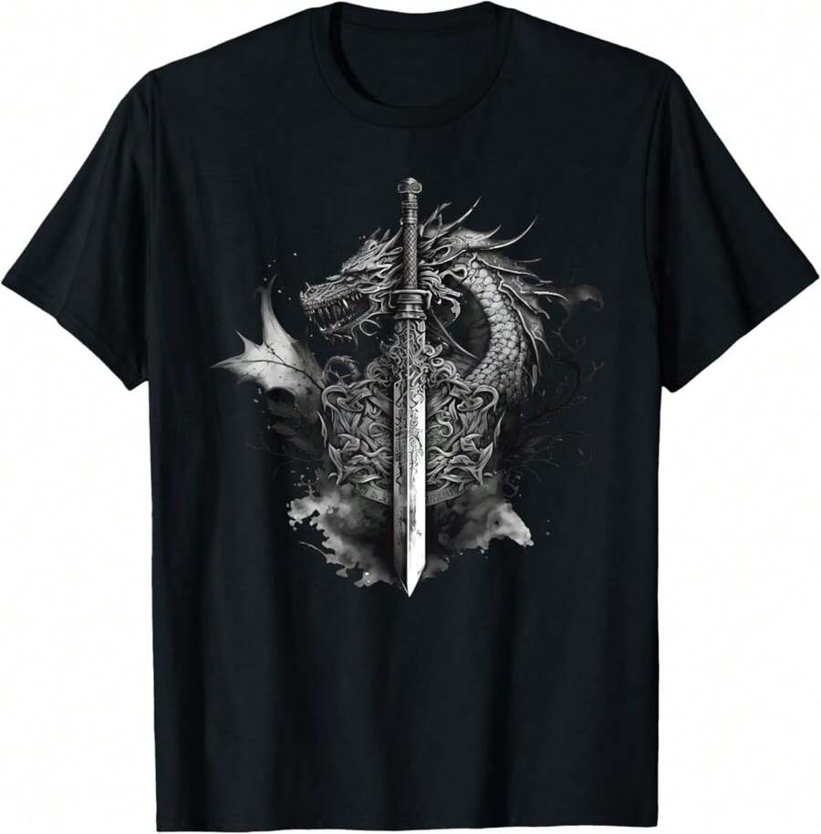 Camiseta de Estilo Tatuaje de Rosas con Espada de Dragón, Estilo Medieval de Fantasía Oscura - Negro - Ver 1