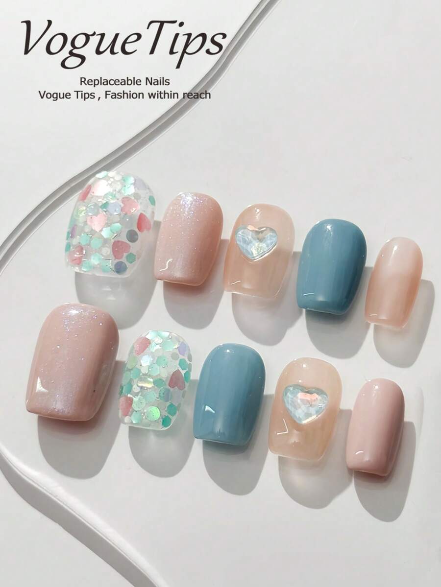 10 đầu móng tay Honey Party, móng tay giả kiểu Ballet ngắn, móng tay giả màu vàng trang nhã đính đá lấp lánh, móng tay giả acrylic thủ công cho XS/S/M/L - Nhiều màu - Xem 1