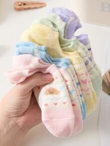 5 Pairs Of Women's Boat Socks, New Spring And Summer Season Short Socks, Cute Cartoon Plush Teddy Bear Invisible Socks, Popular Ice Cream Candy Colored Series Plain Socks, Heart Striped Pattern Sweet Girl Must-Have, Suitable For Indoor Rest Or Outdoor Sports Wear - Multicolor - View 3