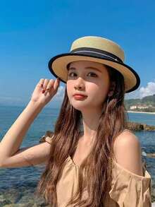 1pc Women's Solid Color Straw Hat, Casual Boho Vintage Royal Style Street Elegant Straw Hat, Summer Beach Sun Hat, UV Protection, Suitable For Everyday Outings - A - View 2