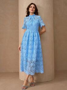 优雅圆领后背拉链腰部褶皱 A 字下摆蕾丝花边奢华女士连衣裙 - 淺藍色 - 查看 6