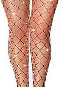 1pc Women Sexy Rhinestone Fishnet Stockings With Crystal Stockings And Bigger Mesh Diamond Glitter Pantyhose Women Fishnet Stockings - Black and White - View 3