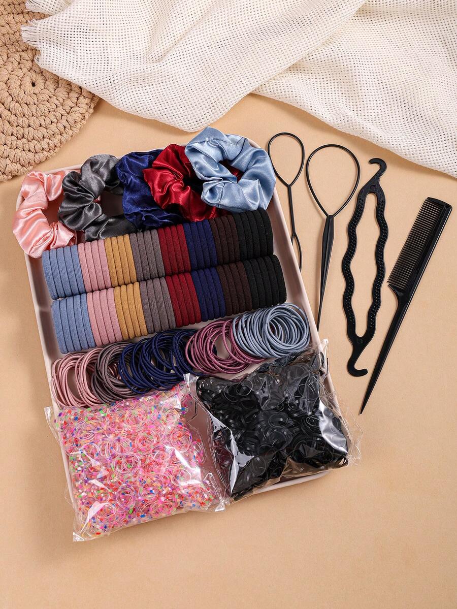 Bộ phụ kiện tóc 1109 món cho bé gái, Dây buộc tóc đuôi ngựa bằng nylon cơ bản, Dây buộc tóc bằng vải satin đen nâu, Băng đô bằng dây thun co giãn màu trung tính, Bộ dụng cụ tạo kiểu tóc tết Phụ kiện tóc hàng ngày - Nhiều màu - Xem 1