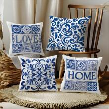 4PCS Blue And White Porcelain Floral "LOVE" "HOME" Letter Pattern Pillow Covers [Without Pillow Inserts], 17.7*17.7in(45*45cm), [Single-Sided Printing], Polyester Decor Pillow Cases, Home Decor, Bedroom Decor, Room Decoration For Sofa, Bed, Living Room, Bedroom, Car, Office, Hotel, Perfect Gift For Family And Friends, All Seasons