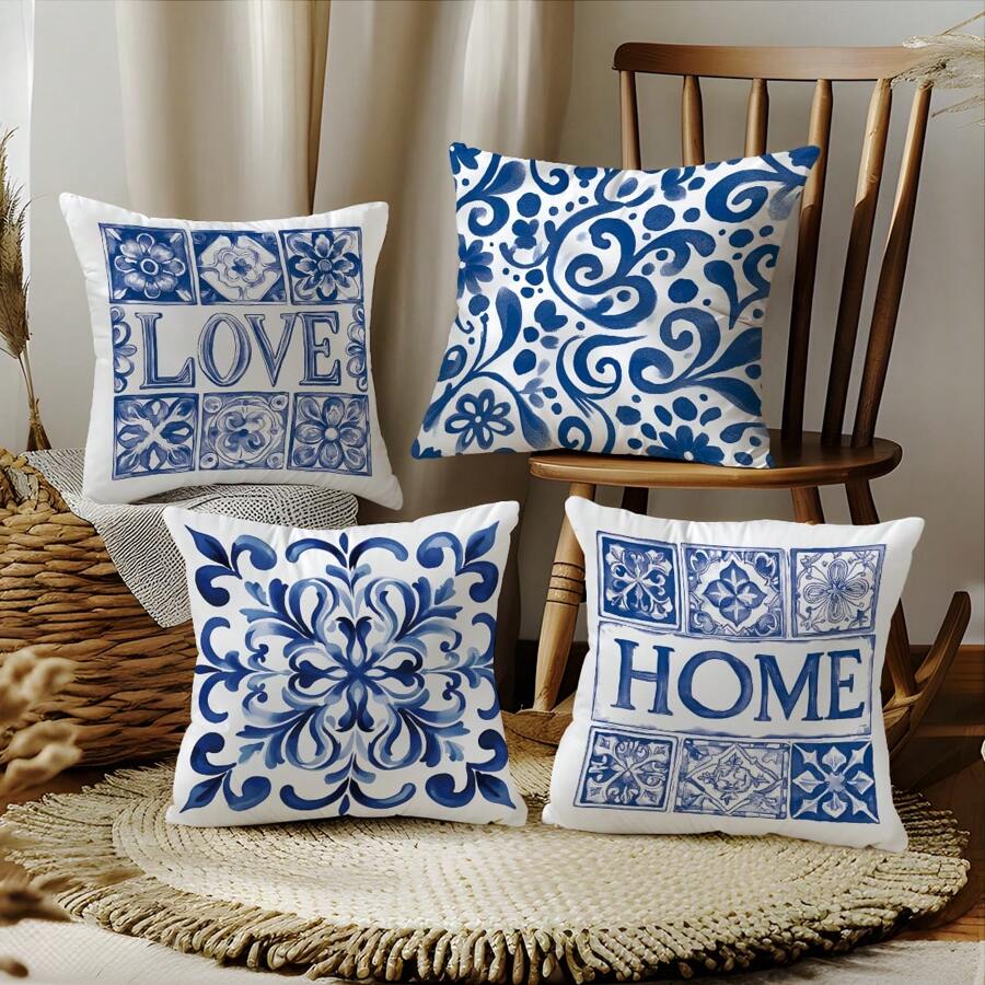 4PCS Blue And White Porcelain Floral "LOVE" "HOME" Letter Pattern Pillow Covers [Without Pillow Inserts], 17.7*17.7in(45*45cm), [Single-Sided Printing], Polyester Decor Pillow Cases, Home Decor, Bedroom Decor, Room Decoration For Sofa, Bed, Living Room, Bedroom, Car, Office, Hotel, Perfect Gift For Family And Friends, All Seasons
