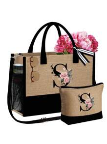 1 set, Bolso de mano tipo tote con estampado de flores con inicial A y correas para el hombro & Set de bolsas de maquillaje con iniciales de la A a la Z, bolso de regalo personalizado con bolsillos laterales, bolso de playa con pañuelo, bolsos de almacenamiento portátiles y de ocio, bolsas de compras multifuncionales, bolsa de almacenamiento simple para viajes