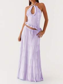 Y2k Maxi Skirt Set For Women Backless Lace Halter Top And Pleated Flowy Skirt Sets Beach Sheer Dress Summer 2 Piece Outfit Beach Set - Màu tím - Xem 1