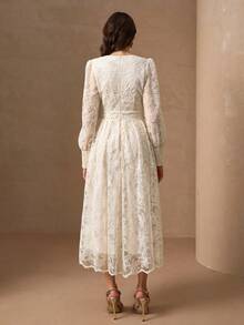 优雅V领开衩下摆女式奢华别致连衣裙 - 杏色 - 查看 2