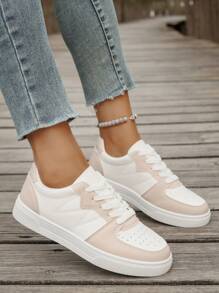 Women's Sports Casual Sneakers, Perforated Bicolor Design White Flat Sports Shoes, Soft Bottom Lightweight, Versatile Casual White Shoes