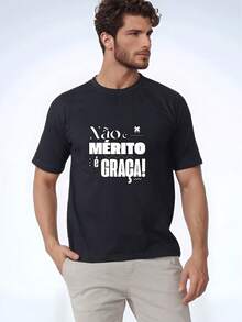 Printed Gospel T-Shirt It's Not Merit It's Grace Comfortable Resistant Fabric Black - 黑色 - 查看 1