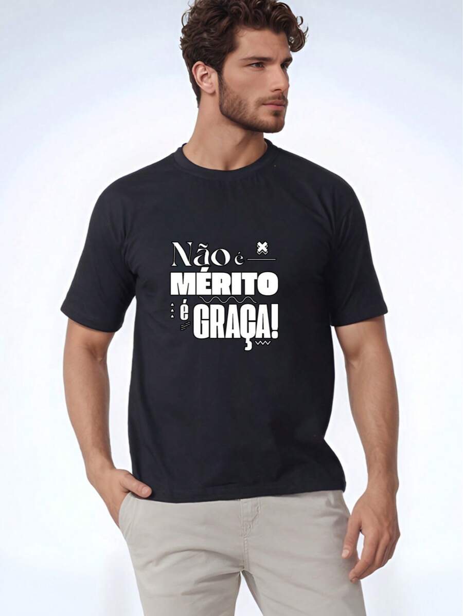 Printed Gospel T-Shirt It's Not Merit It's Grace Comfortable Resistant Fabric Black - 黑色 - 查看 1