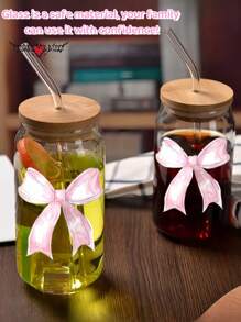1 Set 16oz Transparent Coffee Mug With Bow Pattern, Includes Bamboo Lid & Straw, Large Capacity Outdoor Travel Portable Drink Juice Cup, Suitable For Summer And Winter, Birthday Party Holiday Gift, Christmas Present
