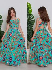 Girl's Set, Long Skirt And Cropped Top, Children's And Youth, 2 Pieces, Multicolored - 綠色 - 查看 4