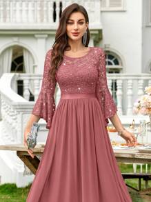 MIUSOL Sequin Floral Lace Flare Sleeve Contrast Chiffon Formal Party Maxi Dress, Elegant Party, For Wedding Guest, Graduation, Dinner,Gown,Evening