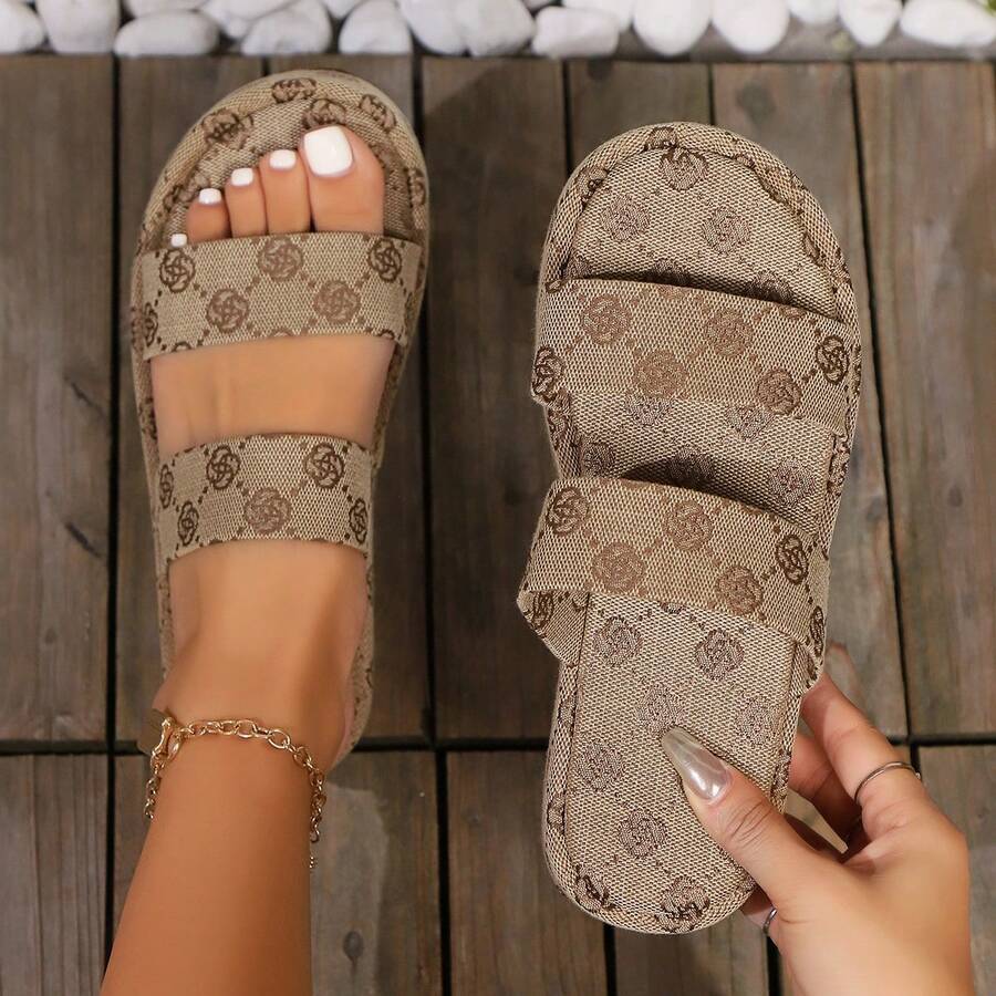 Women's Open Toe Thick Sole Contrast Color Sandals, New Summer Casual Comfortable Slip-On Outdoor Holiday Blue Slippers - Brown - View 1