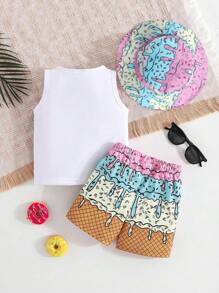 Set di 3 pezzi, tuta estiva per bambino, composta da gilet, pantaloncini e cappello con stampa a gelato
